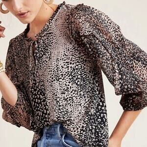 Anthroplogie Maeve Womens Jacquin Animal Print Tie Neck Blouse Small Black Tan